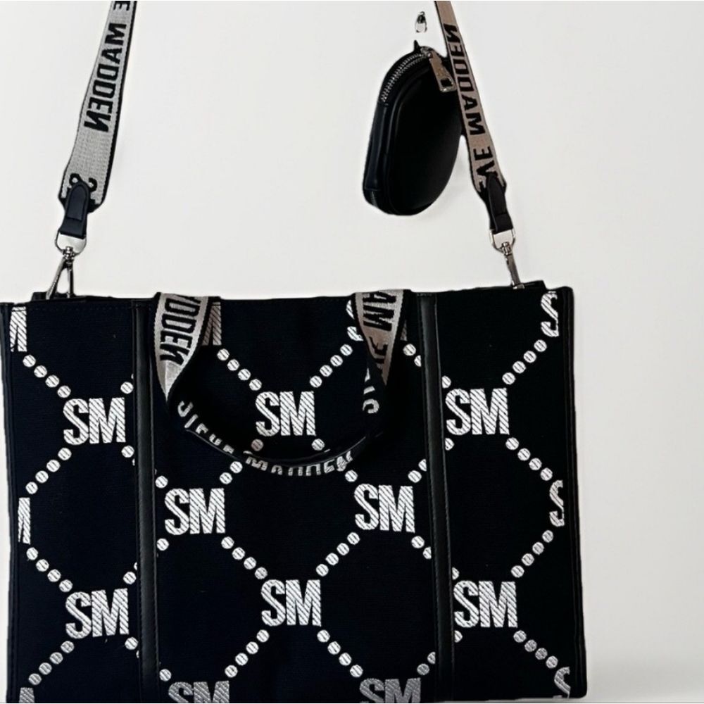 Steve Madden BSantam SM Diagonal Logo Canvas Tote Bag- Blaxk/White - Picture 2 of 13